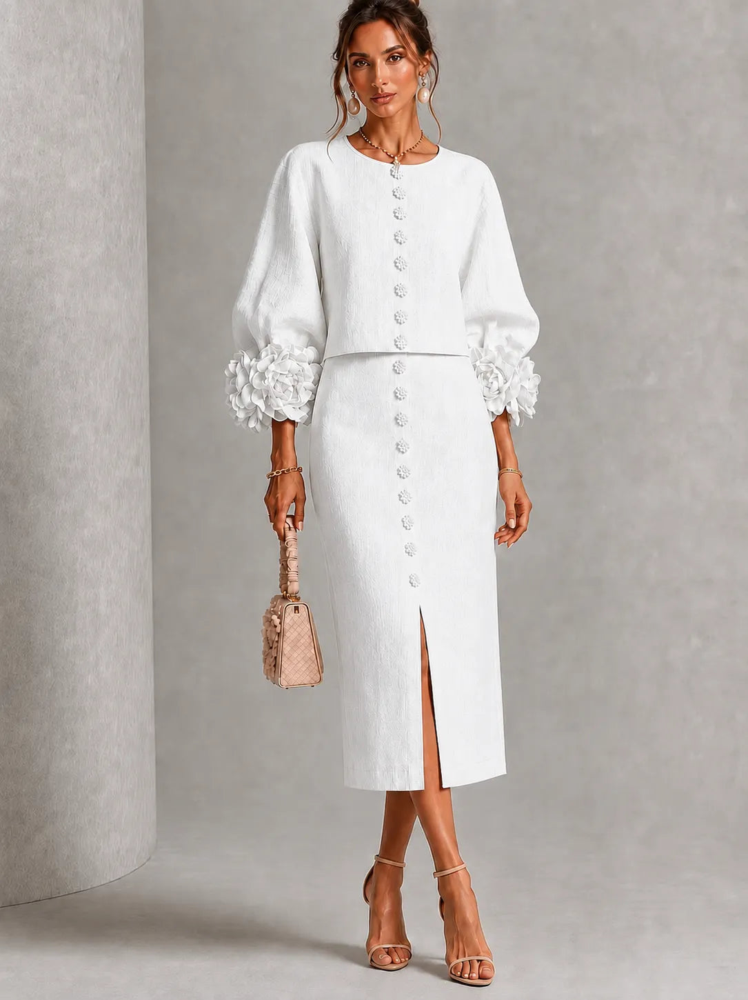 Elegant 3D Floral Lantern Sleeve Top & Slit Midi Skirt Set