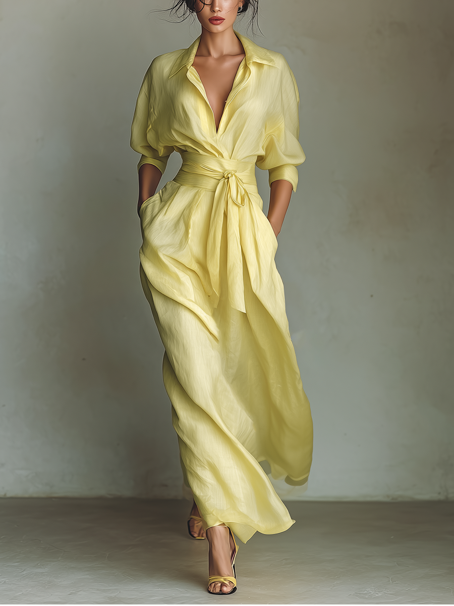 Lemon Glow Belted Shirt Maxi Dress with Relaxed Elegance