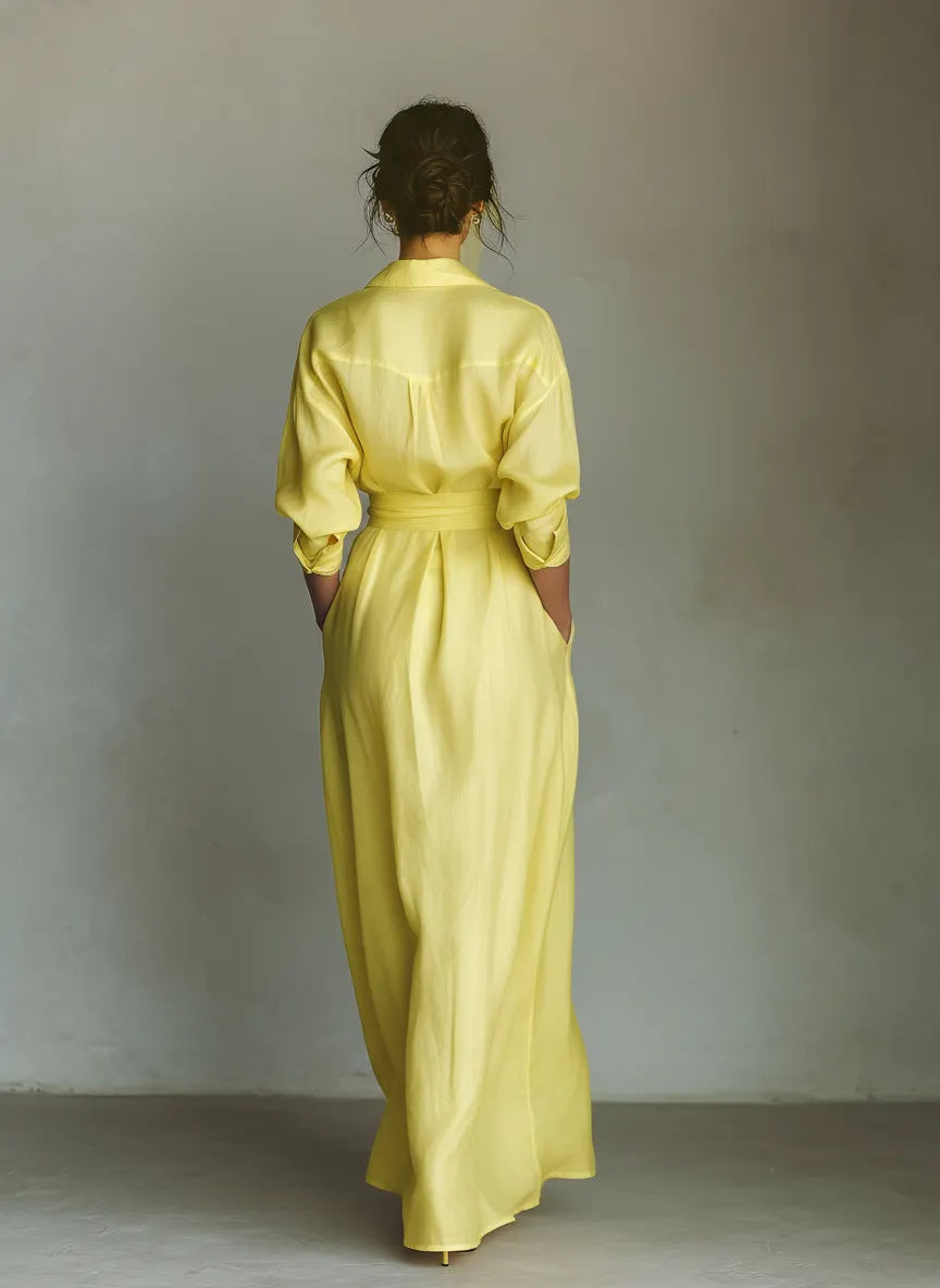 Lemon Glow Belted Shirt Maxi Dress with Relaxed Elegance