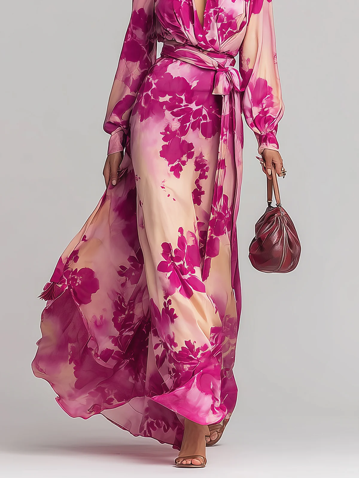 Fuchsia Bloom Floral Wrap Belt Maxi Dress