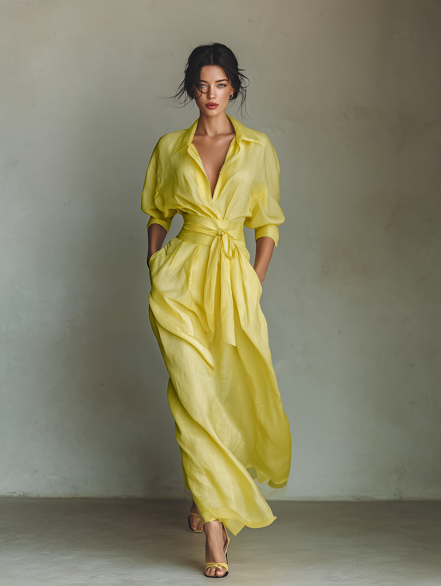 Lemon Glow Belted Shirt Maxi Dress with Relaxed Elegance