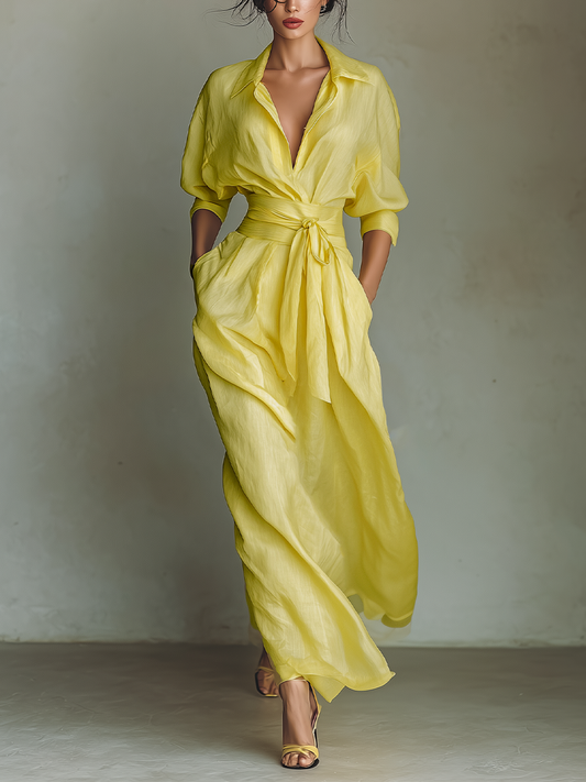 Lemon Glow Belted Shirt Maxi Dress with Relaxed Elegance