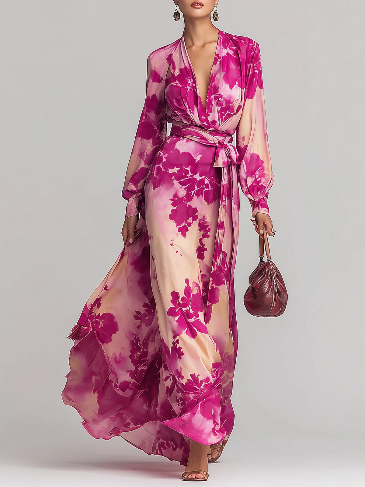 Fuchsia Bloom Floral Wrap Belt Maxi Dress