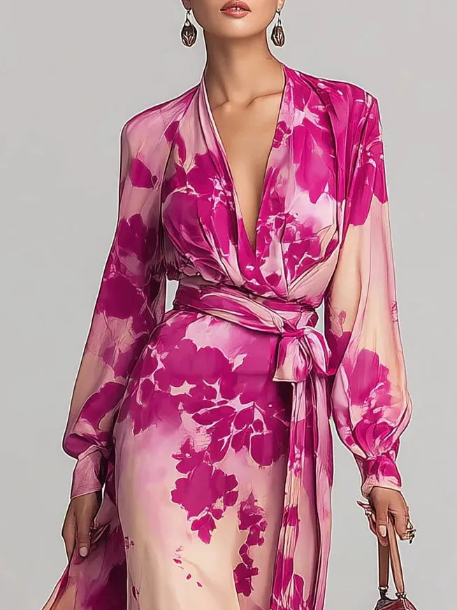 Fuchsia Bloom Floral Wrap Belt Maxi Dress