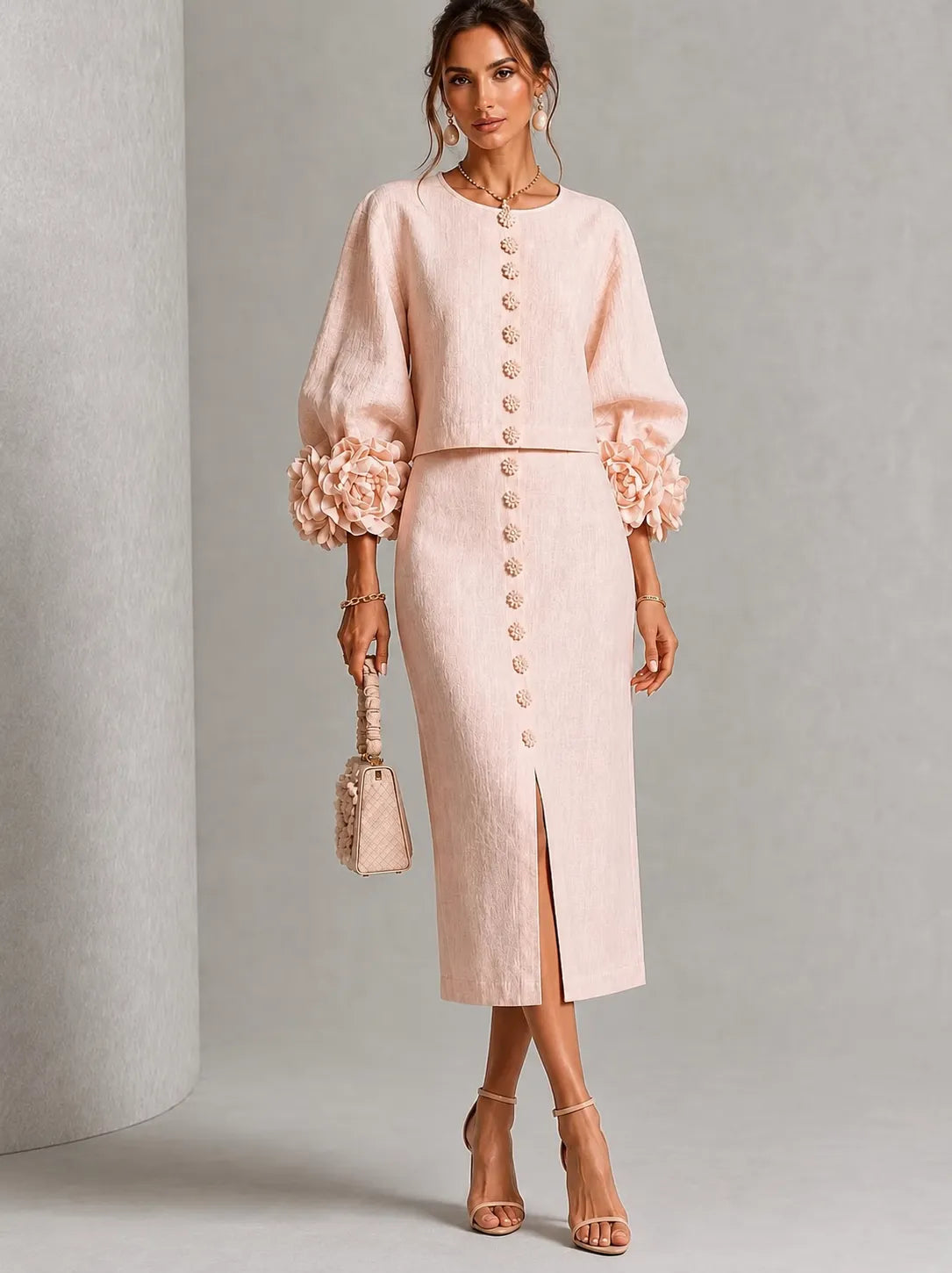 Elegant 3D Floral Lantern Sleeve Top & Slit Midi Skirt Set