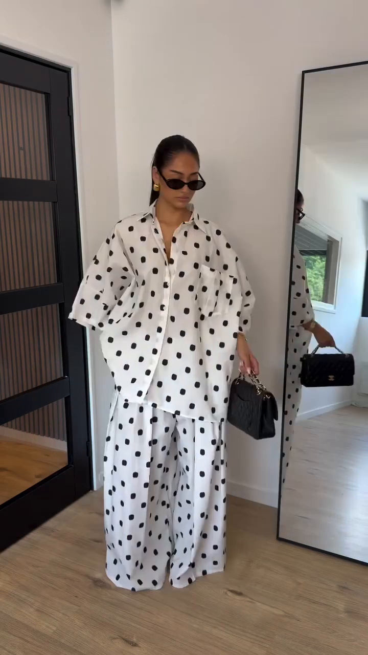 Chic Polka Dot Oversized Shirt & Wide-Leg Pants Set