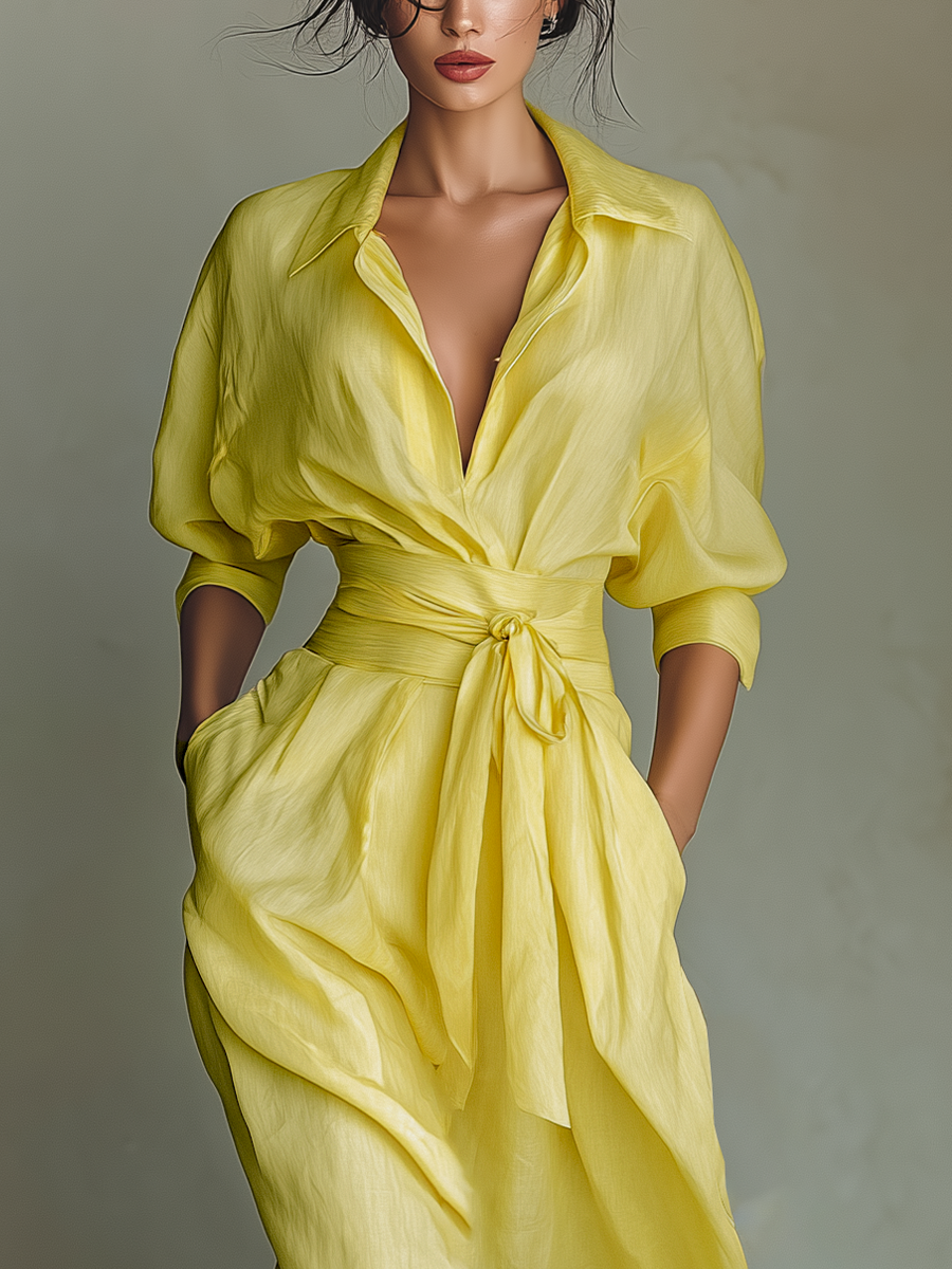Lemon Glow Belted Shirt Maxi Dress with Relaxed Elegance