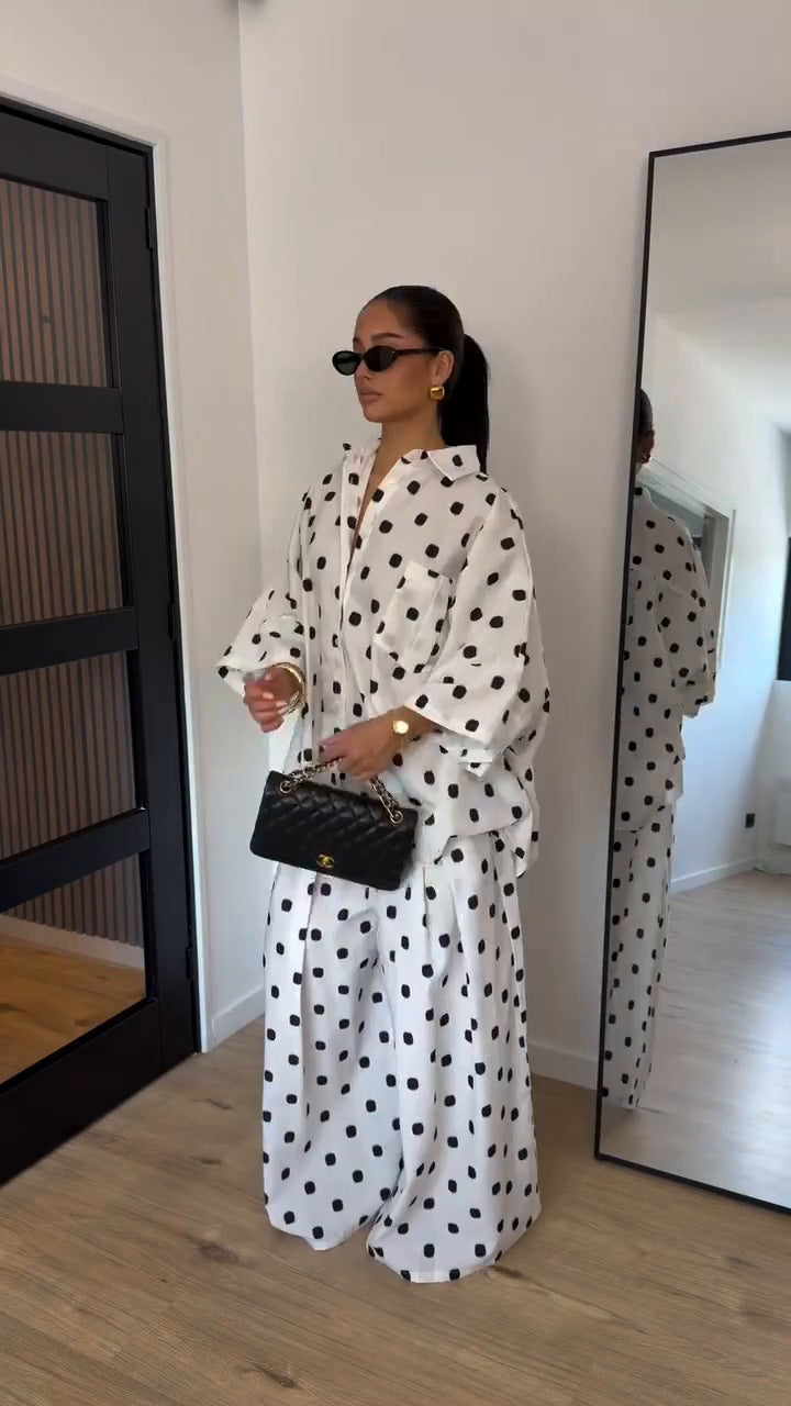Chic Polka Dot Oversized Shirt & Wide-Leg Pants Set