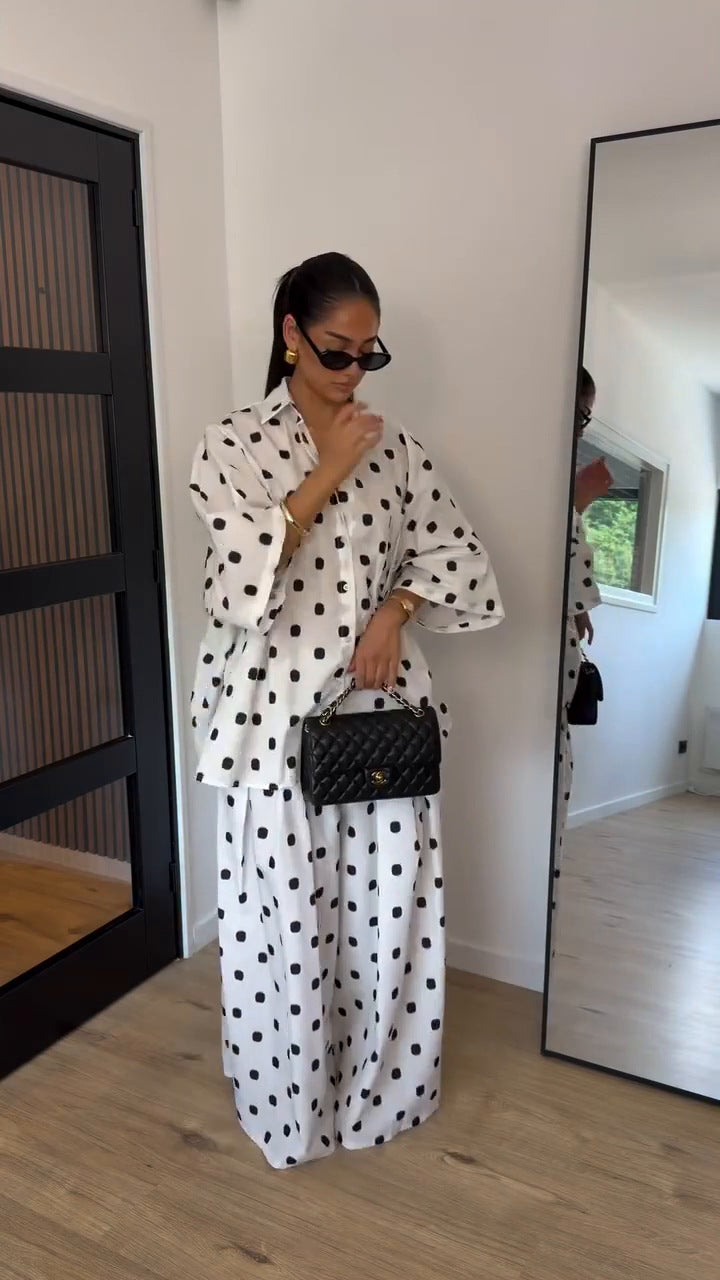Chic Polka Dot Oversized Shirt & Wide-Leg Pants Set