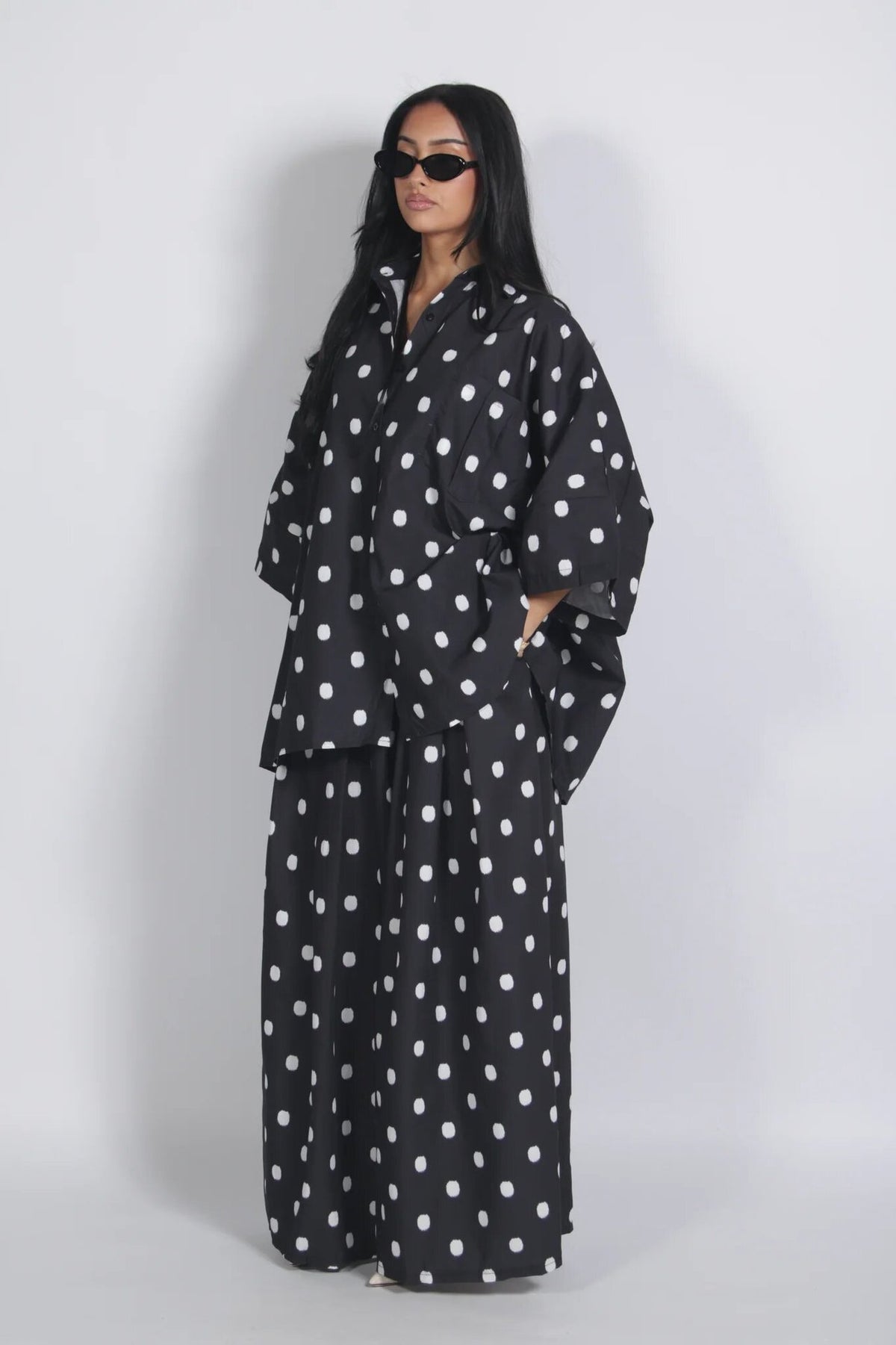 Chic Polka Dot Oversized Shirt & Wide-Leg Pants Set