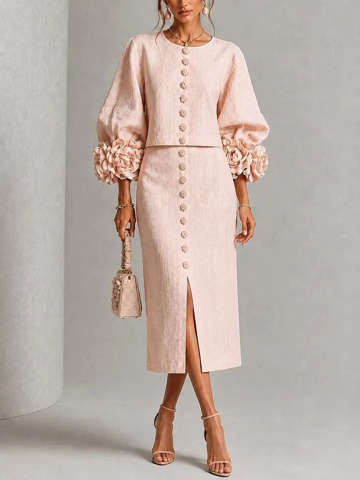 Elegant 3D Floral Lantern Sleeve Top & Slit Midi Skirt Set