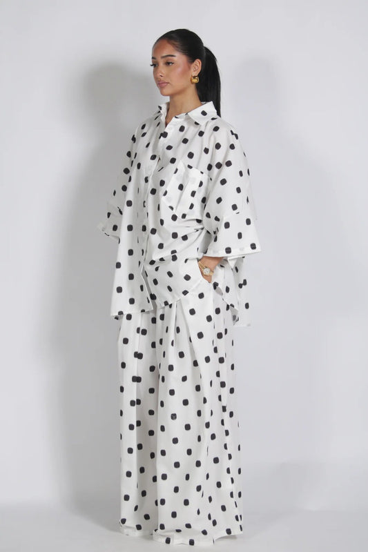 Chic Polka Dot Oversized Shirt & Wide-Leg Pants Set