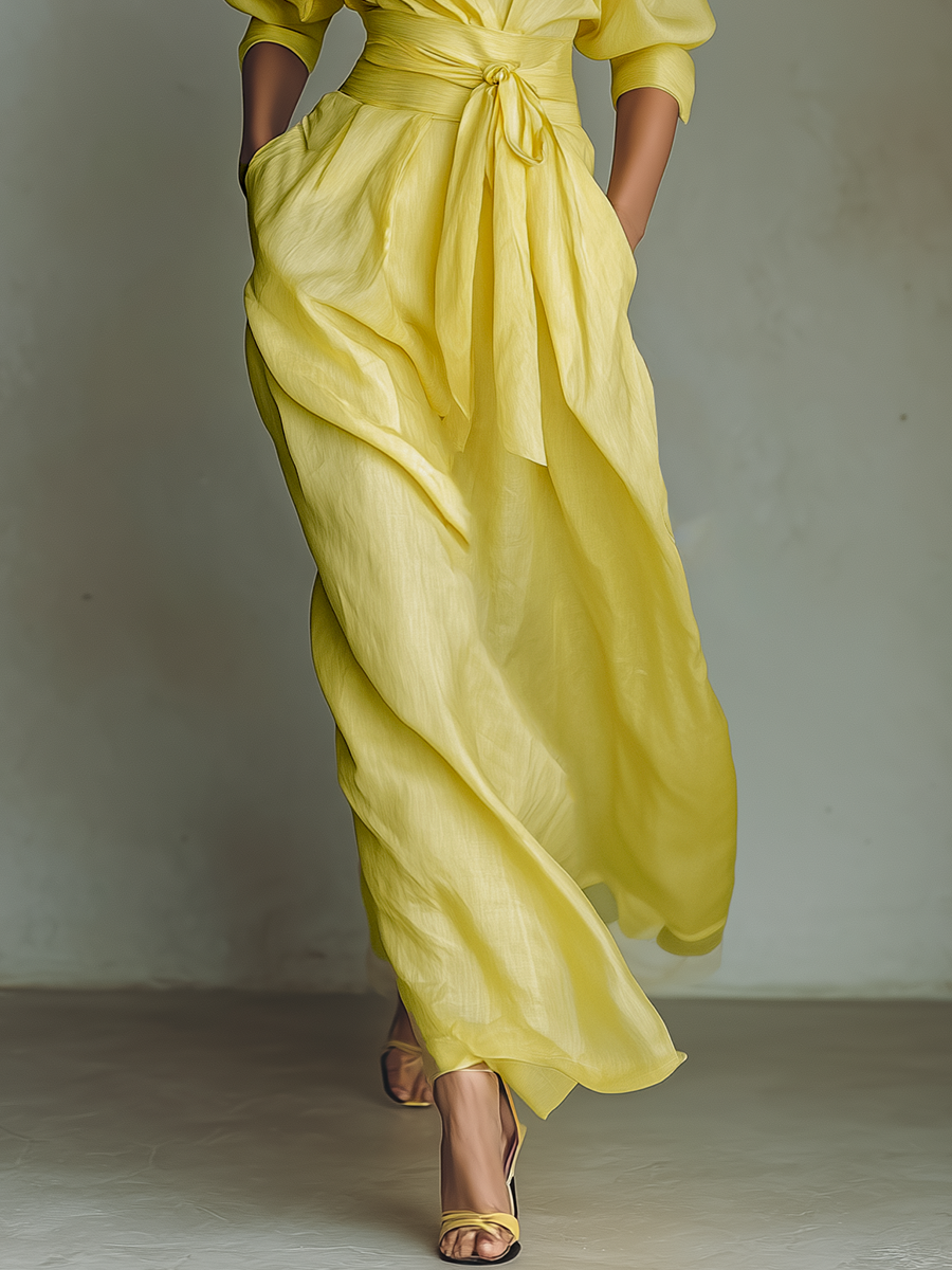Lemon Glow Belted Shirt Maxi Dress with Relaxed Elegance