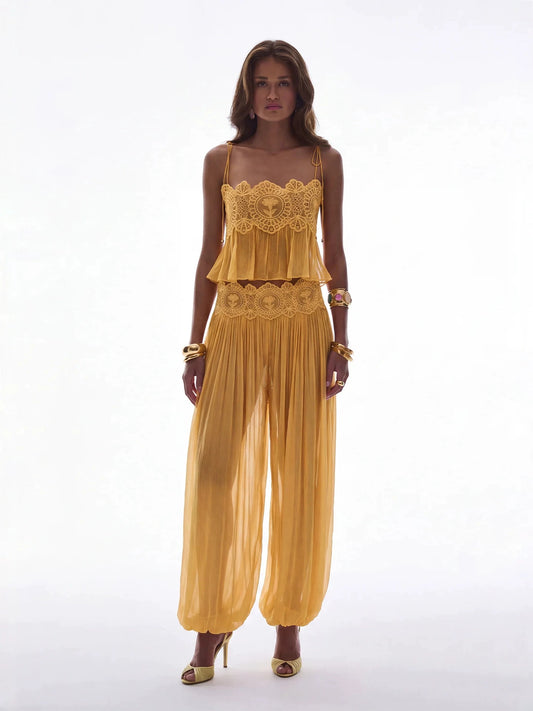 Bohemian Lace Trim Cami Top & Pleated Lantern Pants Set